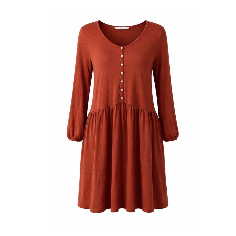 Peruvian Connection Rust Brown Pima Cotton Babydoll Dress Medium 3/4 Sleeve